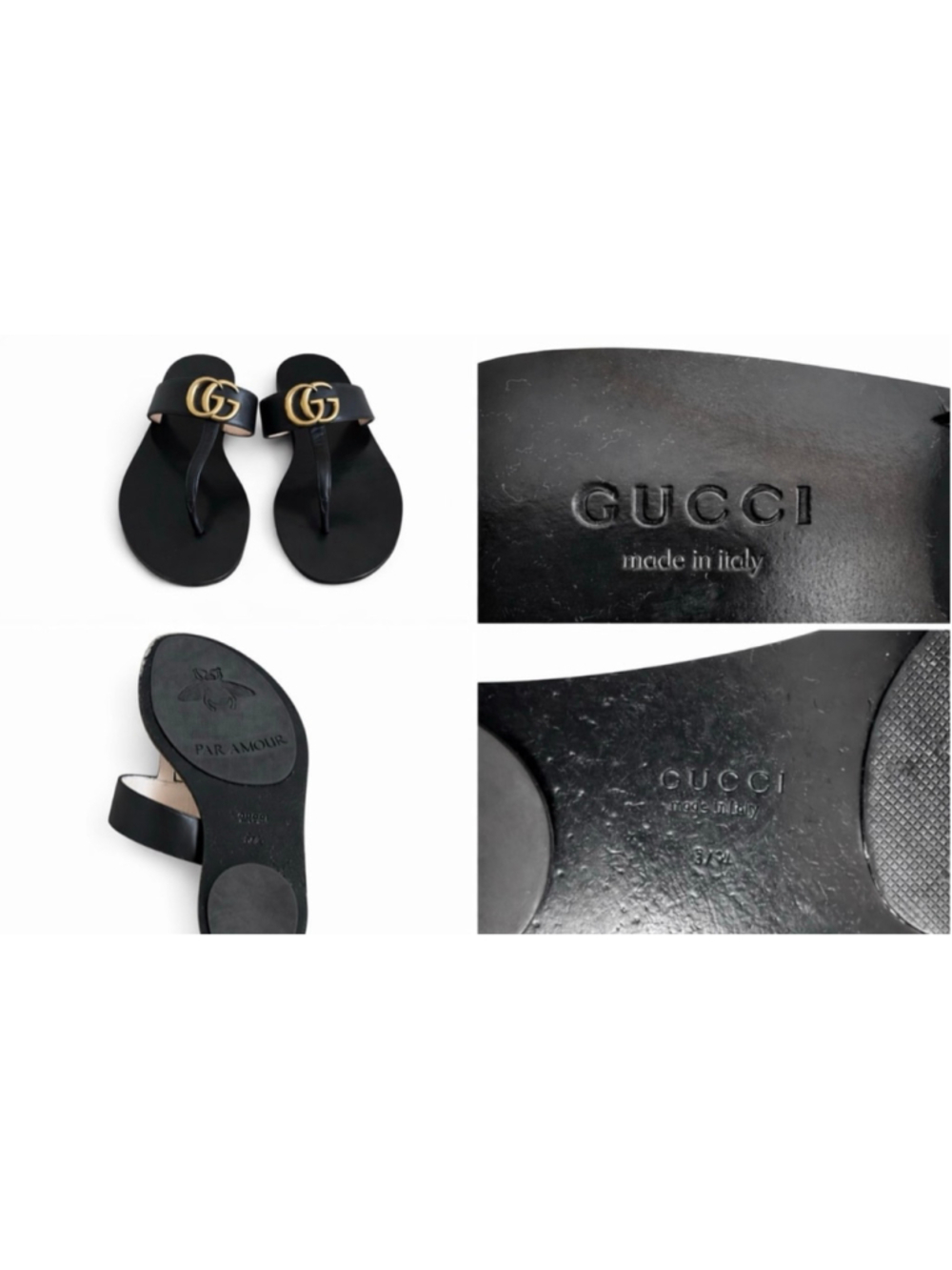 Gucci Black Leather GG Marmont Gold Logo Thong Sandals Size 7.5 - Picture 4 of 4